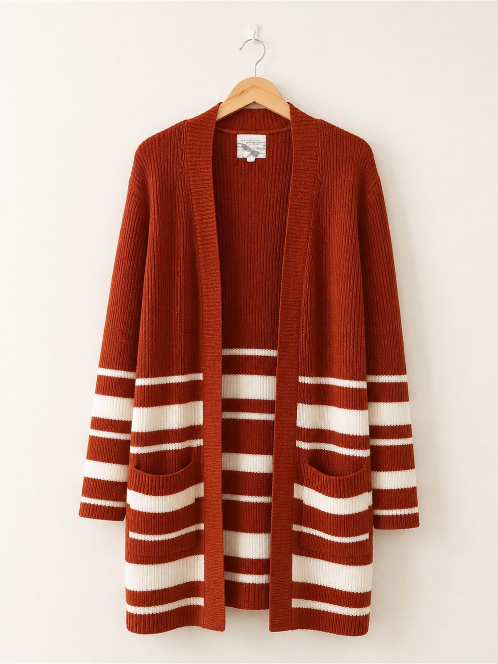 Open-Front Rust and Cream Striped Cardigan Sweater